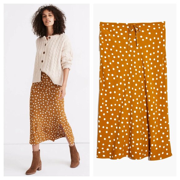 Madewell Polka Dot Drawstring Midi Slip Skirt in Big Dot 8 Egyptian Gold/Cream - Picture 1 of 16